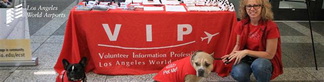 Picture of VIP booth with a volunteer and a pitbull wearing a pet me vest.